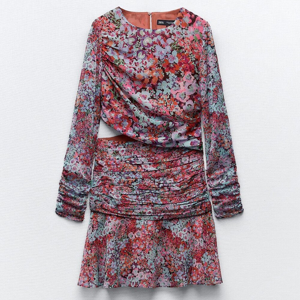 ZARA NEW WOMAN GATHERED CUT-OUT FLORAL PRINT MINI DRESS XL